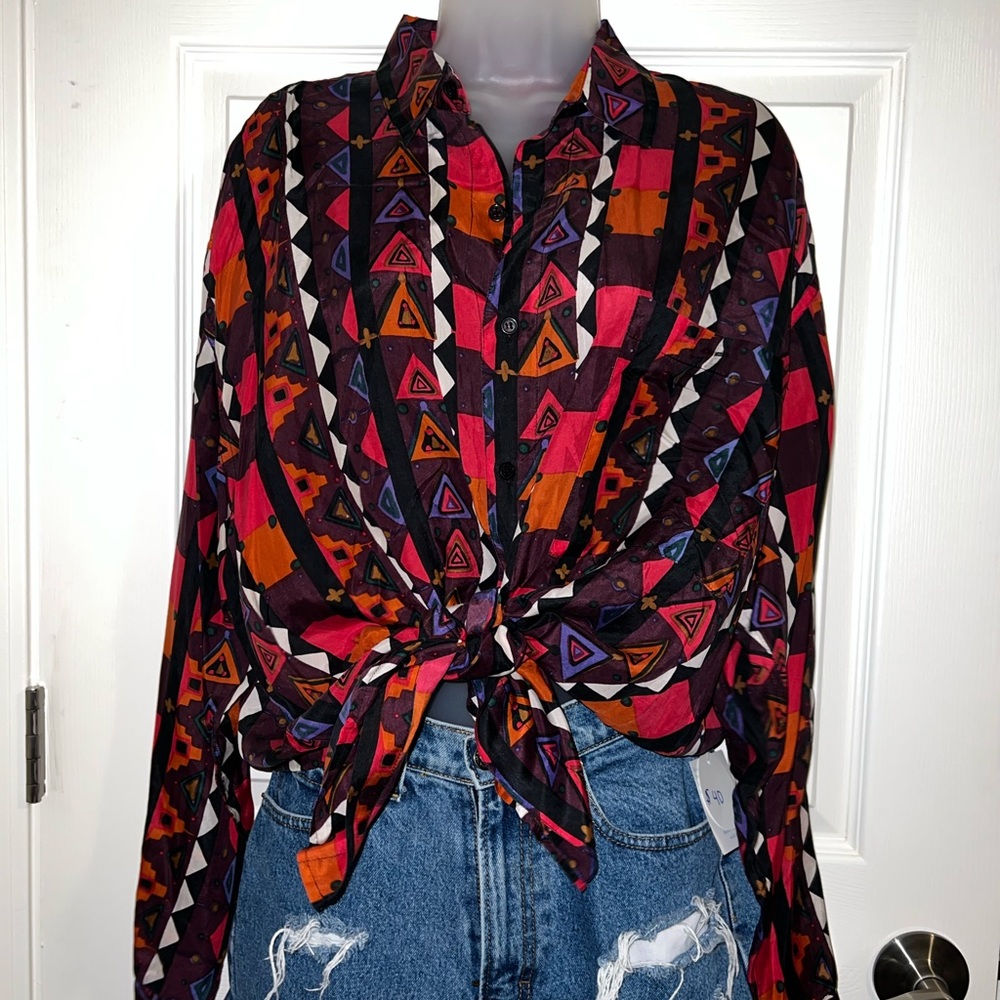 Vintage All Silk Button Down Blouse Funky Fun Patterned Long Sleeve Top - Picture 2 of 5